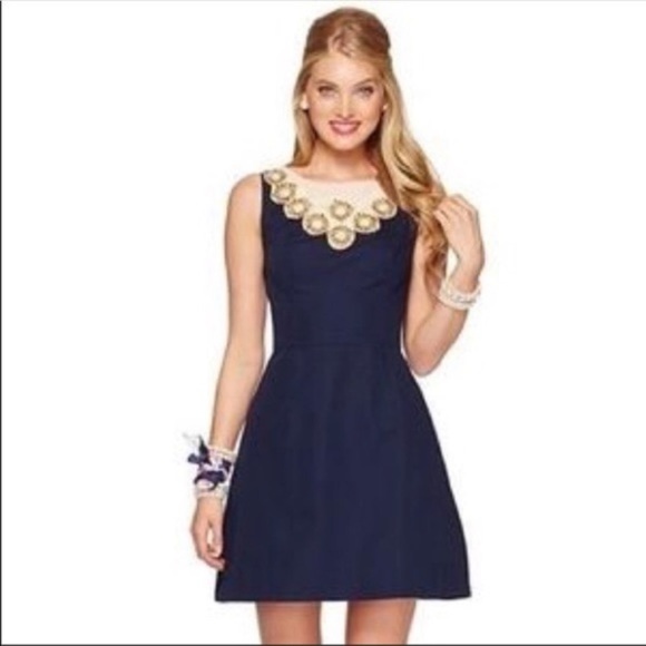 Lilly Pulitzer Navy Wythe Shift Dress Gold Detail sz 4 - Picture 4 of 6